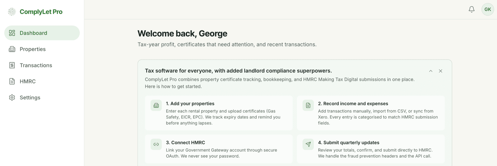 ComplyLet Pro dashboard: the welcome screen with four getting-started steps, from adding properties to submitting quarterly updates